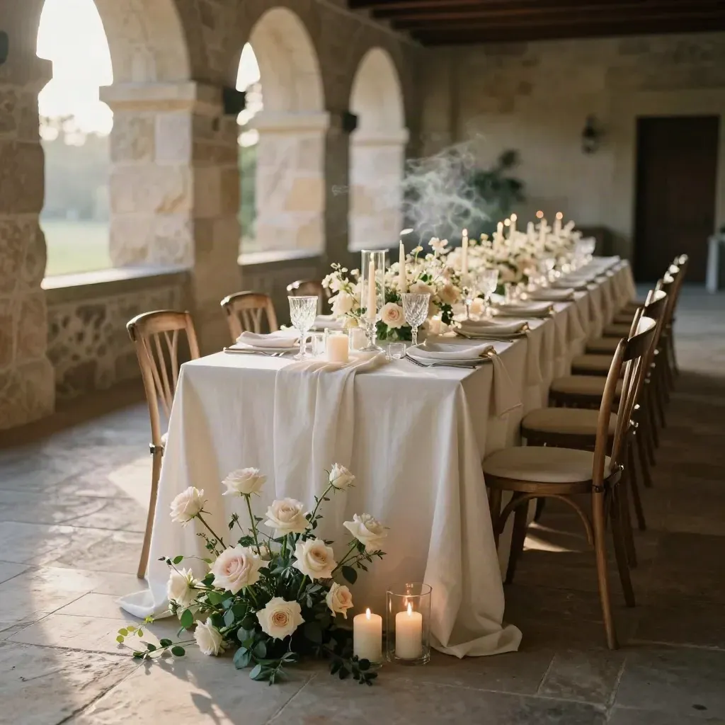 Tavolo nuziale allestito in loggia di pietra con rose, candele e calici allineati