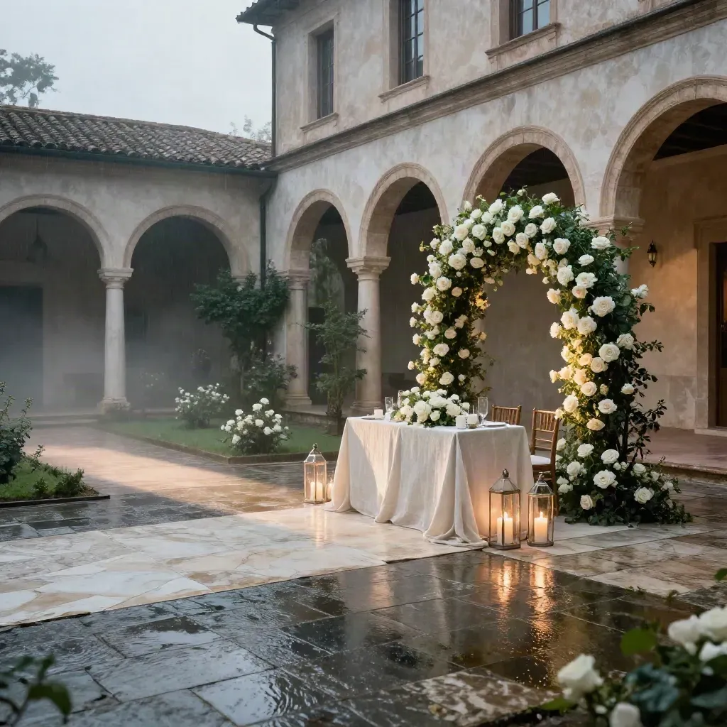 Cortile di villa toscana all’alba con navata in pietra, rose avorio, lanterne e tavolo nuziale.