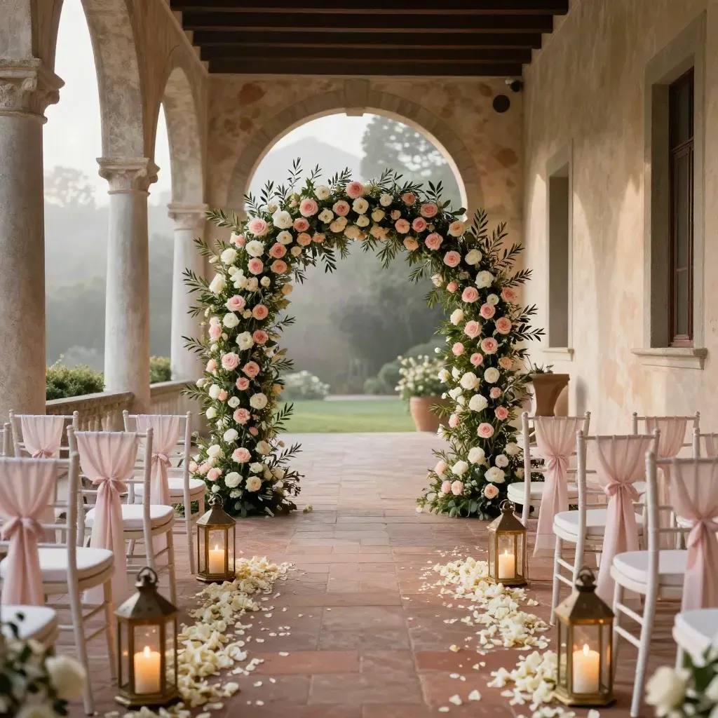 Aisle cerimoniale sotto un portico di villa, fiori cipria e lanterne, in attesa della cerimonia.