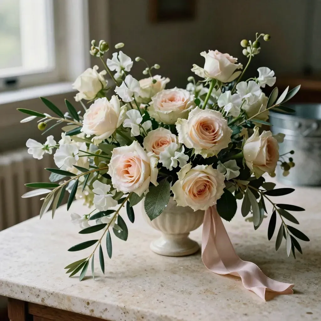 Bouquet floreale con rose, piselli odorosi e ulivo accanto a due centrotavola finiti.