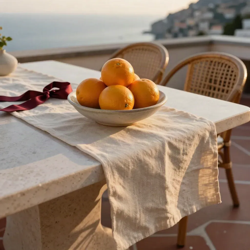 Allestimento nuziale a Positano con lino, agrumi e tavolo in travertino sul mare al tramonto