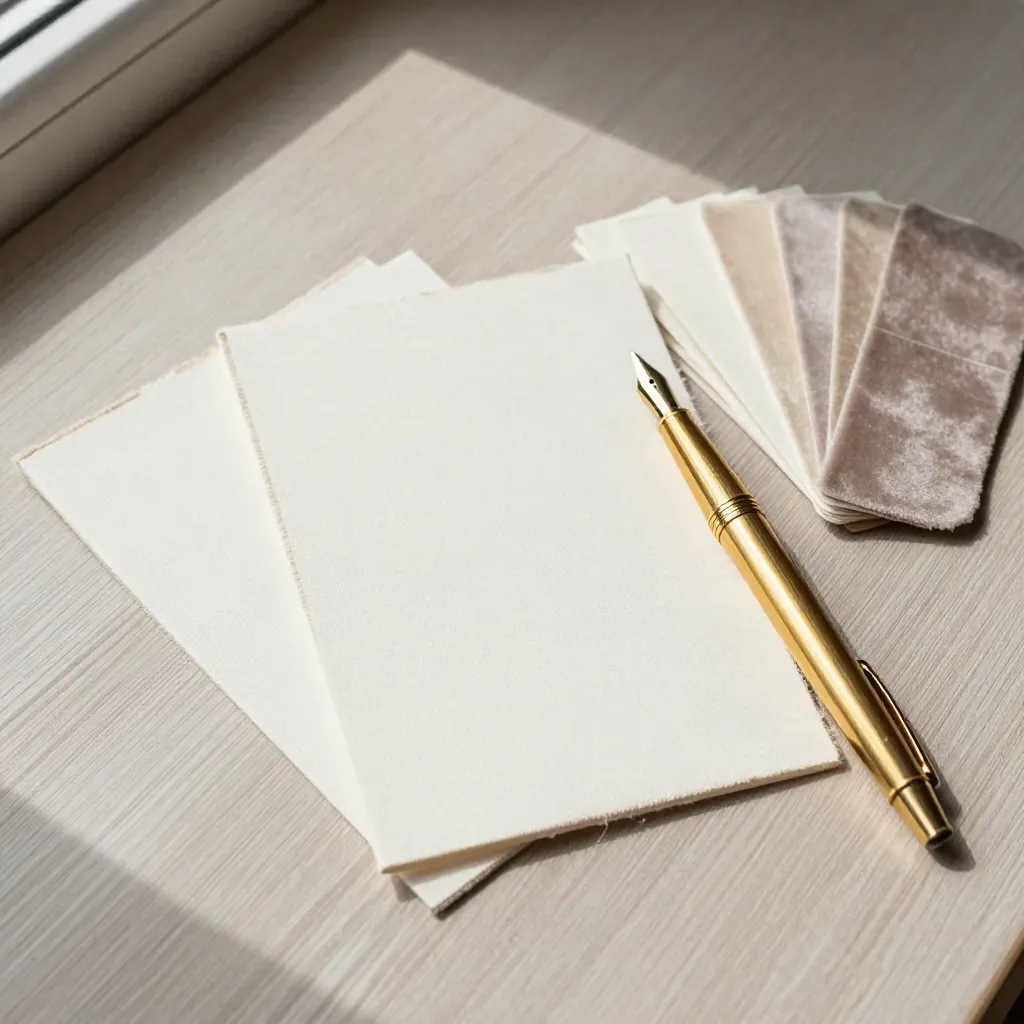 Cartoncini in lino, penna stilografica e campionario velluto su legno chiaro.