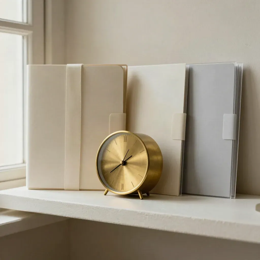 Orologio in ottone e cartelle avorio con nastri, su mensola in intonaco chiaro