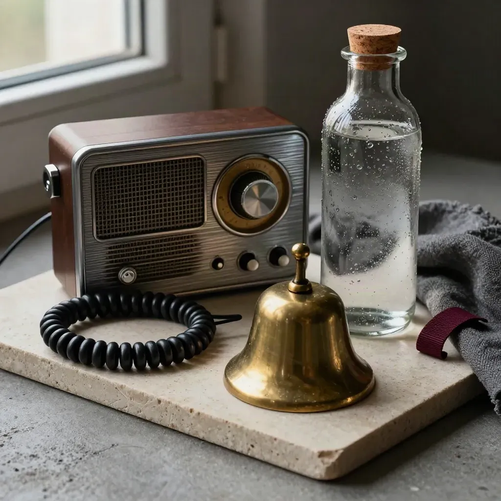 Radio compatta, campanello in ottone, cavo auricolare e bottiglia con tappo su vassoio in pietra.