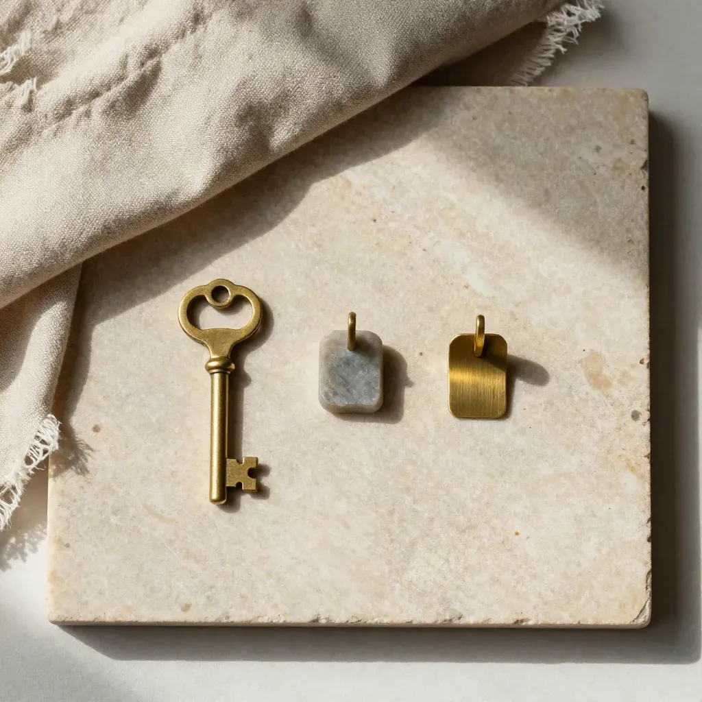 Flatlay con chiave villa, chips di pietra, lino e segnaposto in ottone su pietra chiara.