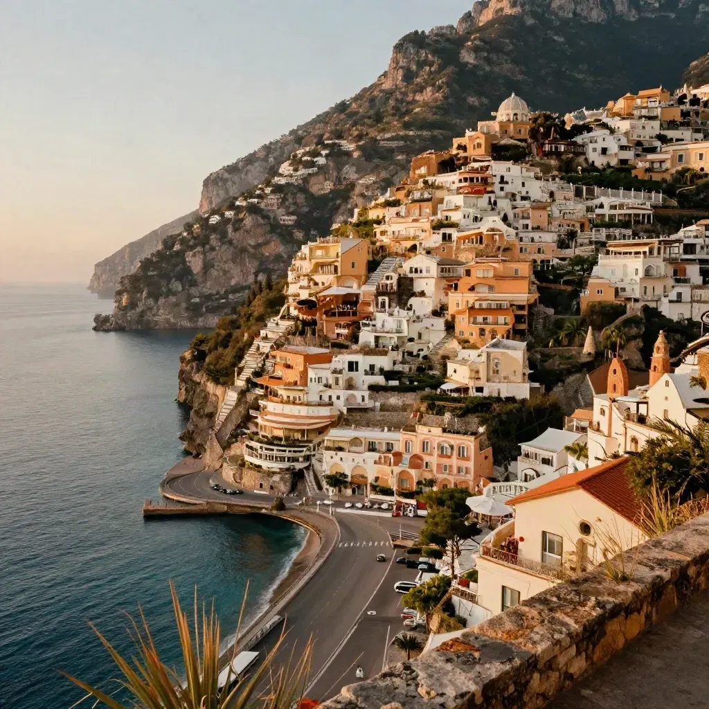 Veduta di Positano e della Costiera Amalfitana al tramonto, con mare in foschia e case a picco.